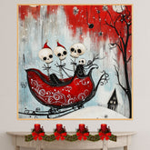Whimsical Skeleton Sleigh Ride Gothic Christmas Art Print – Red Sky Snowfall, Vintage Sleigh, Spooky Holiday Wall Decor, Skeleton Family Illustration on Ready to Hang 1.5" Thick Canvas Wrap, Floating Framed Canvas, Flat Rolled Canvas